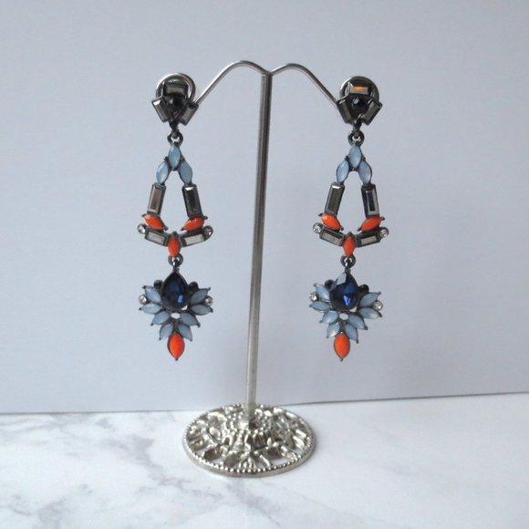 Ultra Modern Large Blue, Black and Orange Statement Chandelier Earrings - Picture 2 of 4